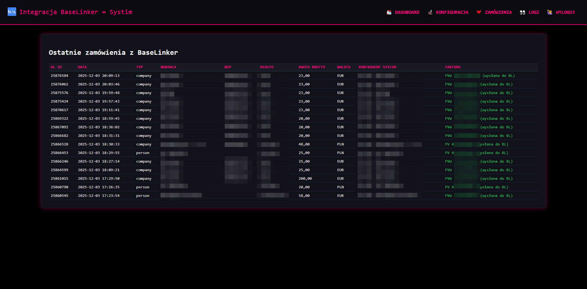 integrator systim baselinker api - lista zamowien z wystawionymi fakturami vat oss wdt w systim api i wyslanymi do baselinker api nadpisujac fakture base