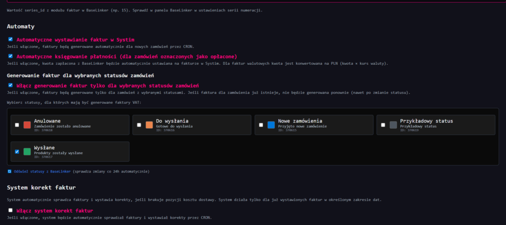 mapowanie statusów zamówień wysyłka faktur per status zamówienia