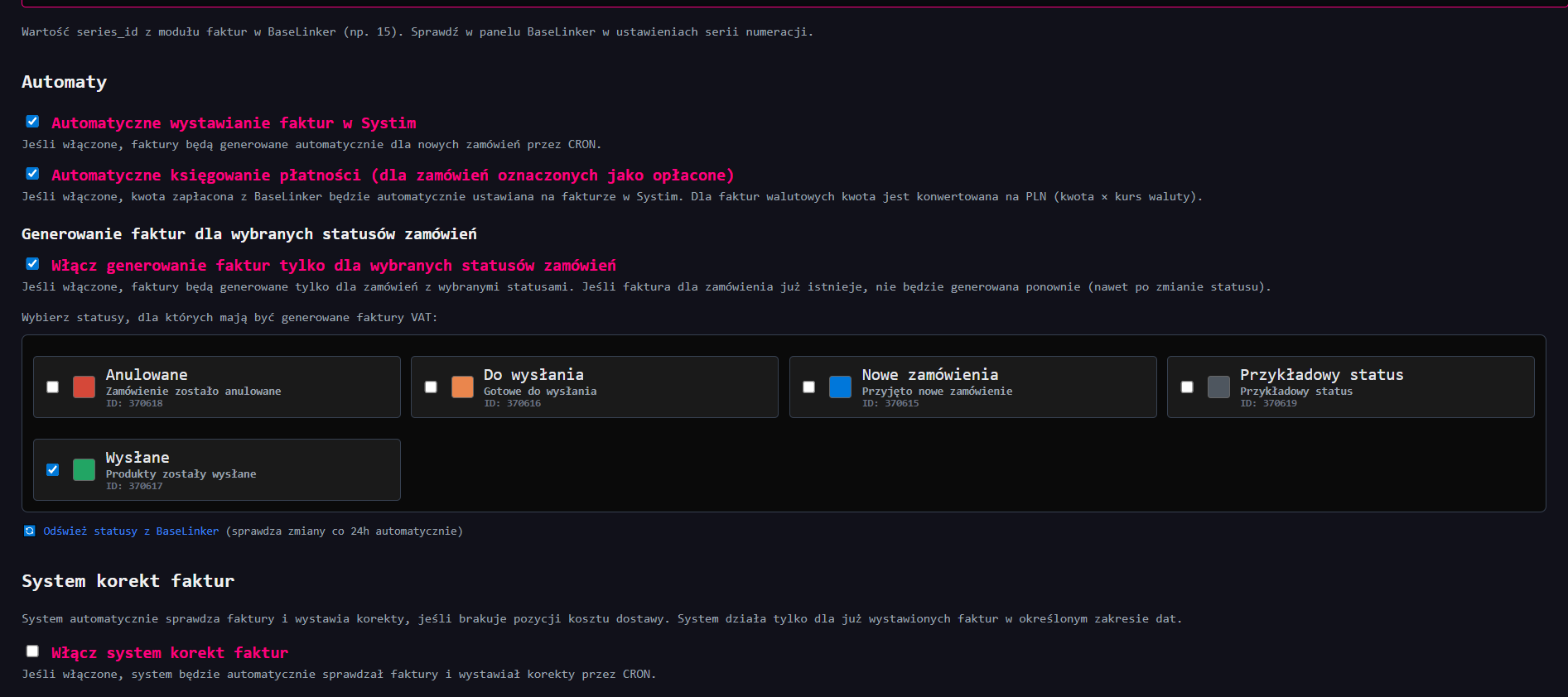 mapowanie statusów zamówień wysyłka faktur per status zamówienia