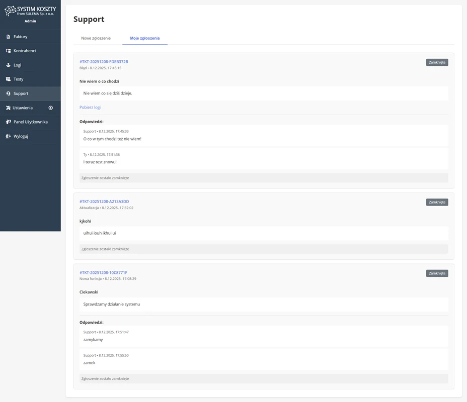 Kontakt z supportem automatyzacji kosztów Systim API z AI