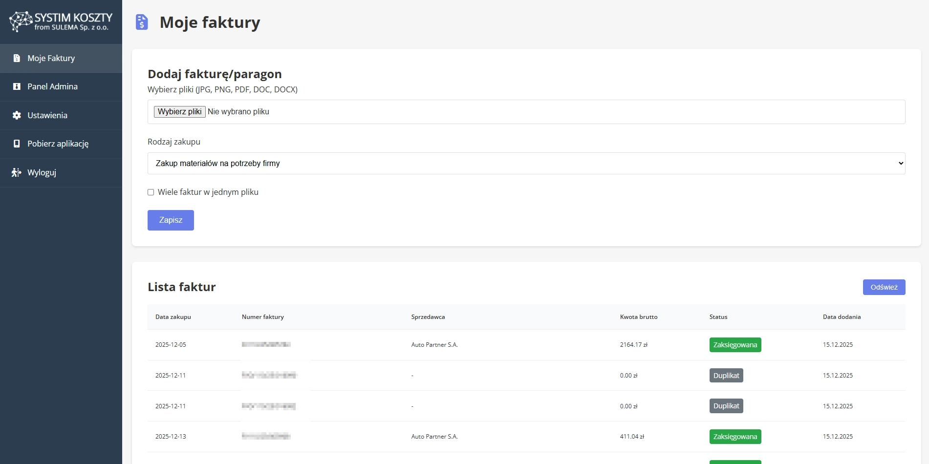 Ekran powitalny użytkownika automatyzacji kosztów Systim API z AI